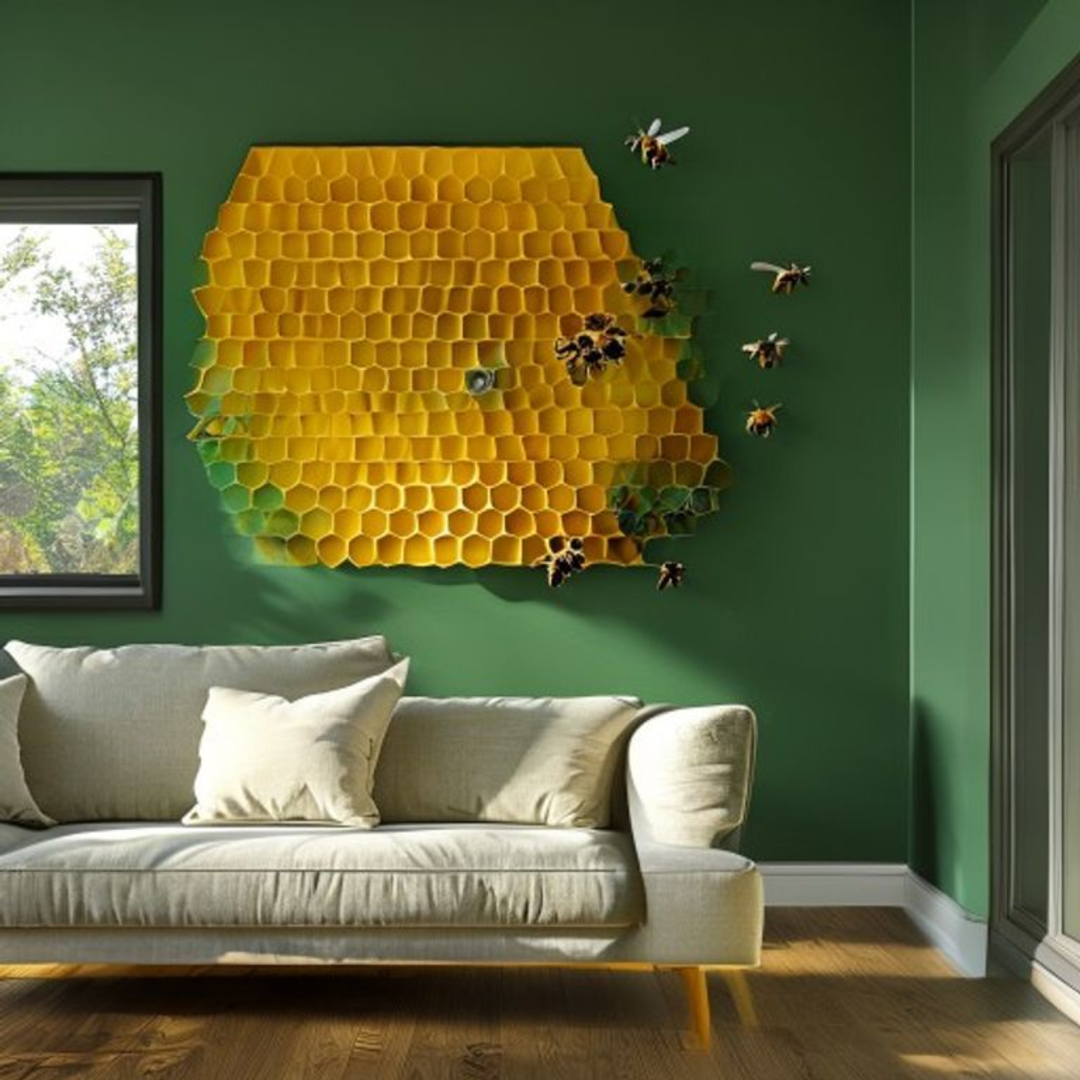 HexaBees hero desktop — wall-mounted observation hive in a living room