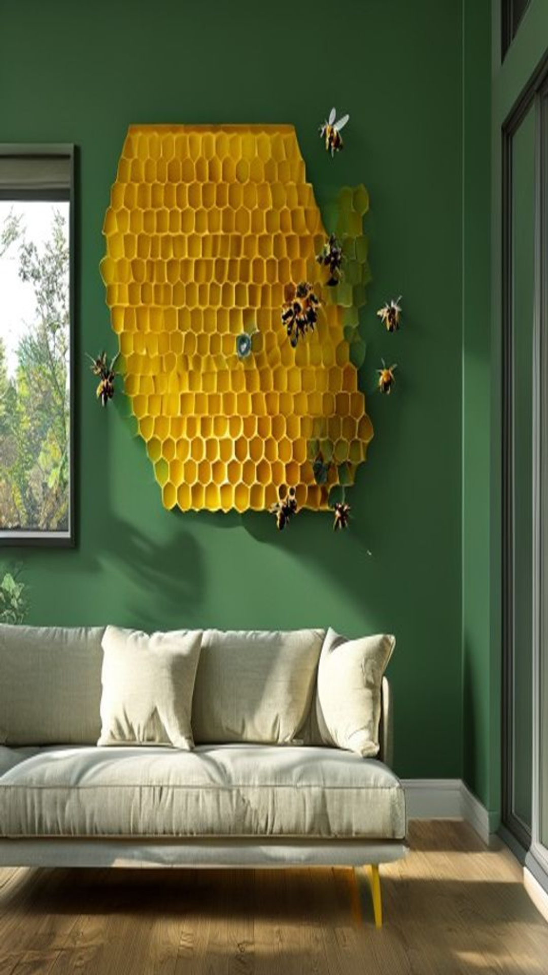 HexaBees hero mobile — wall-mounted observation hive in a living room